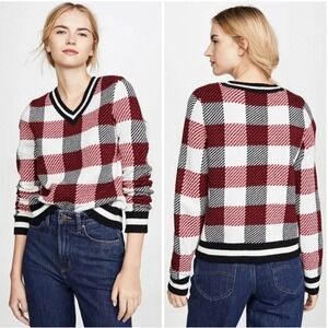NWT Rag & Bone Gabby V Neck Merino Wool Sweater in Red Black White Check‎ Size S